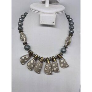 VTG Japan Ceramic Necklace Gray Beads Polka Dot Pendant Magnetic Clasp 17"